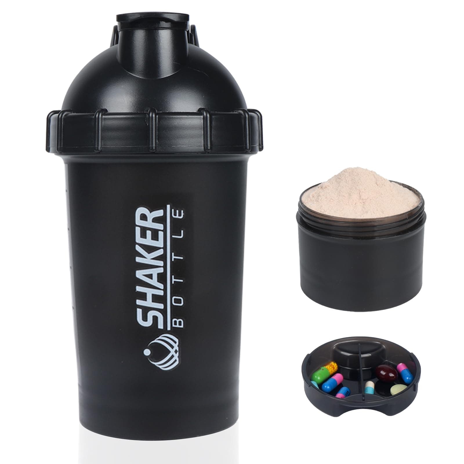 VECH Protein Shaker Bottle, 18oz Gym Shaker Cup with Protein Powder Storage & Pill Tray, Innovative Design for Smooth Mixing, No Shaker Ball Needed,Leakproof (Black)