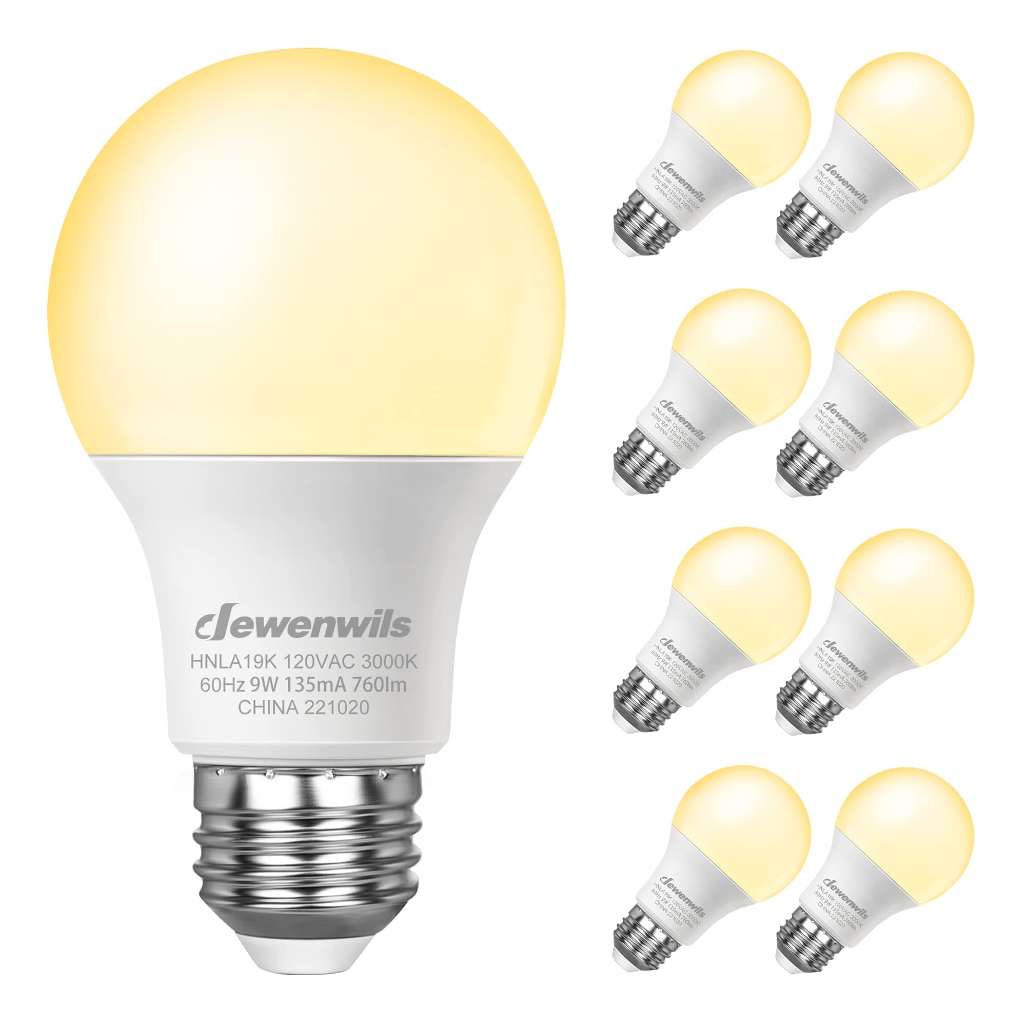 DEWENWILS 8-Pack A19 LED Light Bulbs, 760LM, 3000K Warm Light Bulbs, Energy Saving E26 LED Bulb 60 Watt, Non Dimmable Light Bulb, UL Listed
