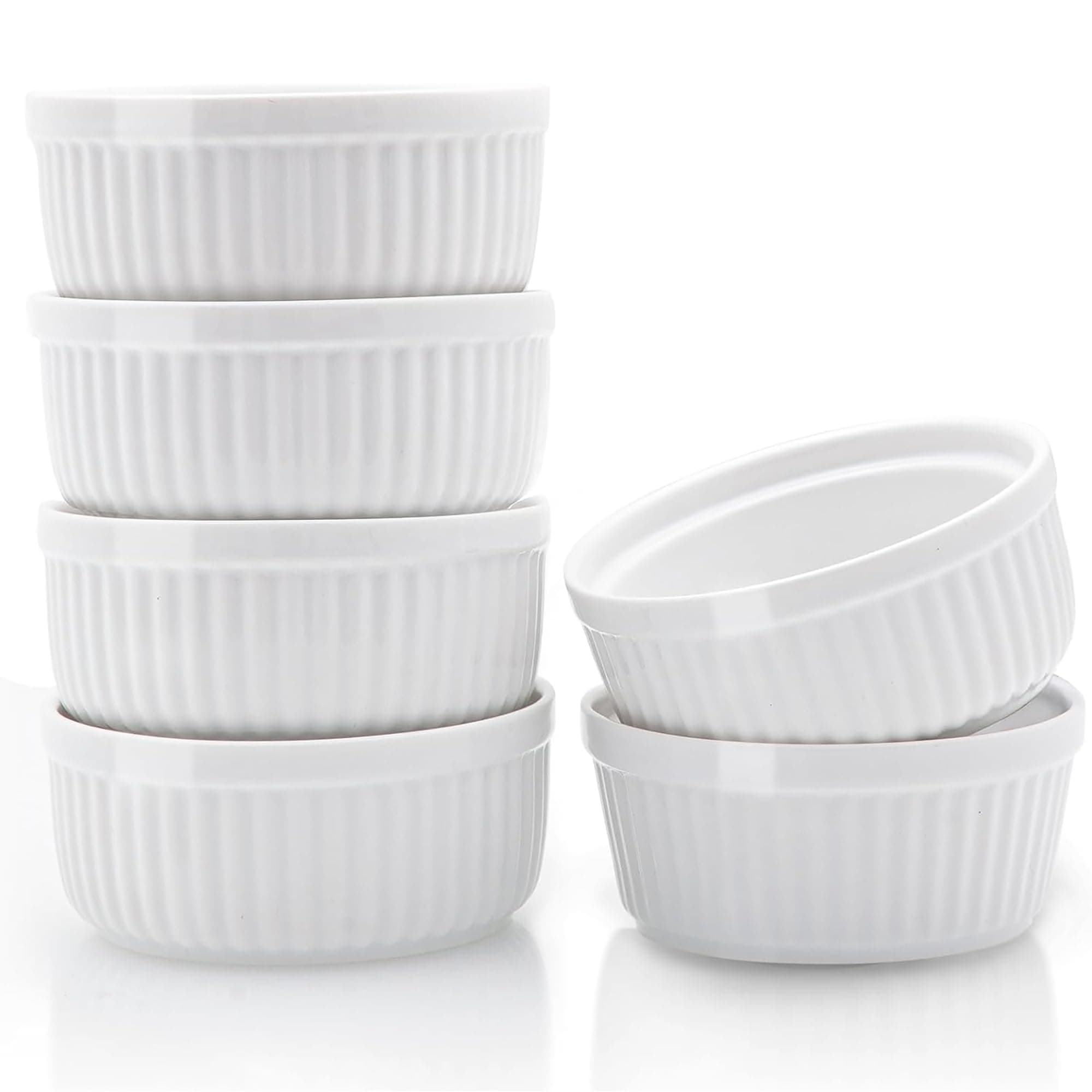 Nuwave Ceramic Ramekins 8 oz, Set of 6, Elegant Classic Style for Baking Souffles, Creme Brulées, Custards, Puddings, 4.3” Wide & 2” Tall, Microwave, Oven & Dishwasher-Safe, Ivory White (6)