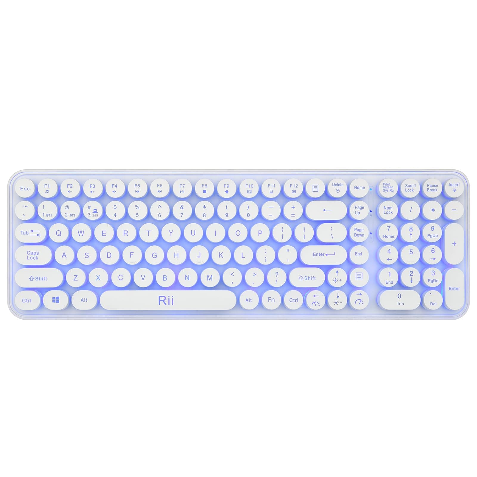 Rii Wireless Typewriter Style Gaming Keyboard, Multi-Device Connections( Dual BT+2.4G) 7-Color RGB Backlit, 105 Retro Punk Round Keys Keyboard, for Windows/Mac/PC/iOS/Android,White(Updated)