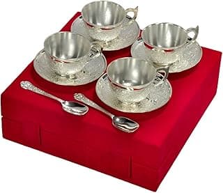 Royal Silver Plated Tea Cup Set with Red Velvet Box (4 Cup Plate Set), 200 ML