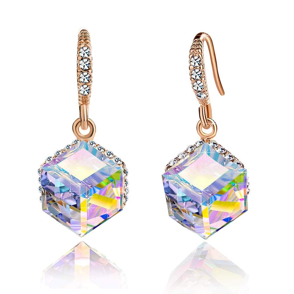 Austrian Crystal Cube Drop Dangle Earrings for Women 14K Gold Plated Hypoallergenic Jewelry