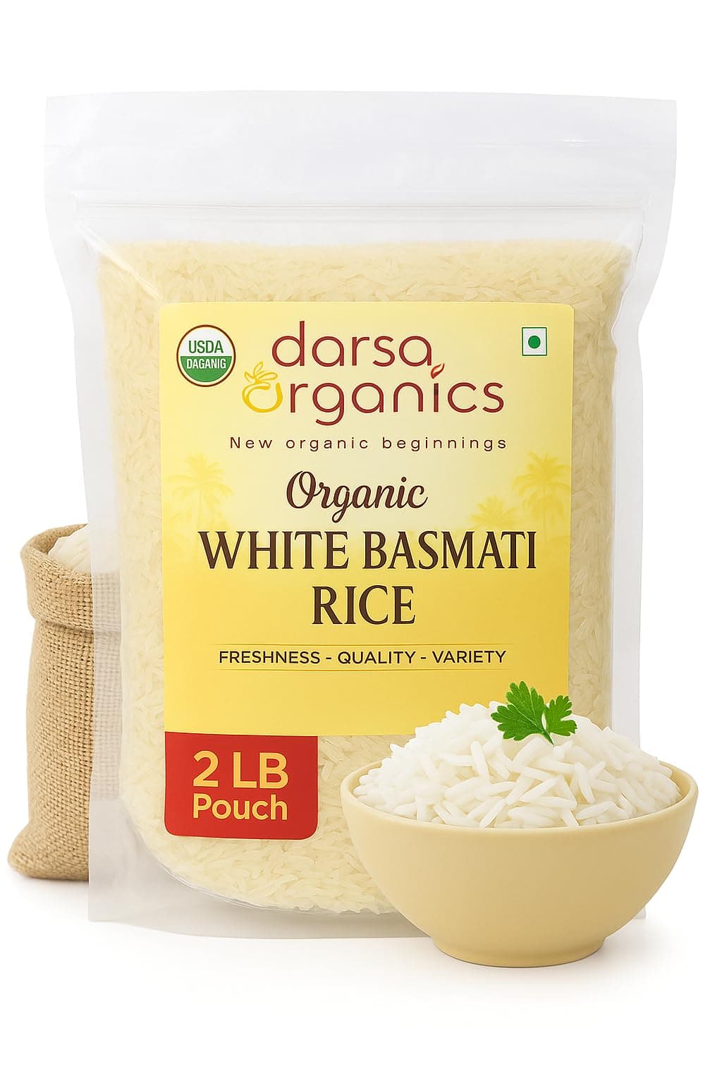 White Basmati Rice (2lb) - USDA Organic Long Grain White Rice from India - Premium Aromatic & Fluffy Grains for Biryani & Pilaf - Non-GMO, Kosher, Vegan & Chemical-Free (Resealable Bag)