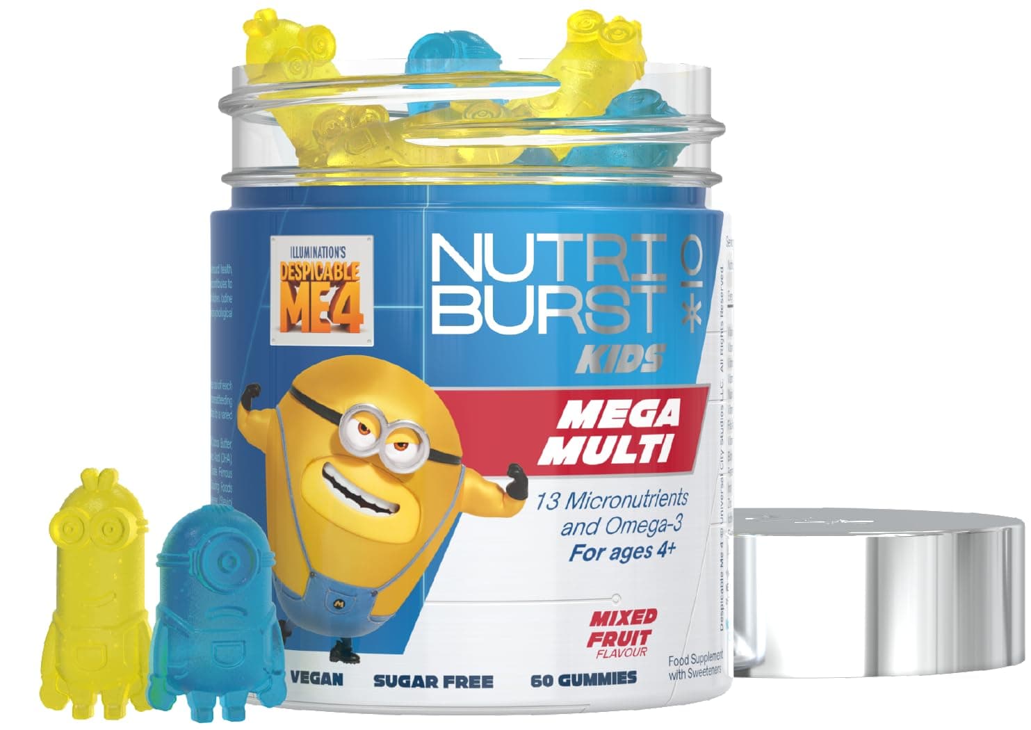 Minions MEGA Multi Vitamins for Kids - Chewable Multivitamins for Growth & Development: Vitamin A, B12 C, D3, E, Iron, Omega-3 - Vegan + Sugar Free - Fruity Flavour - 60 Gummies