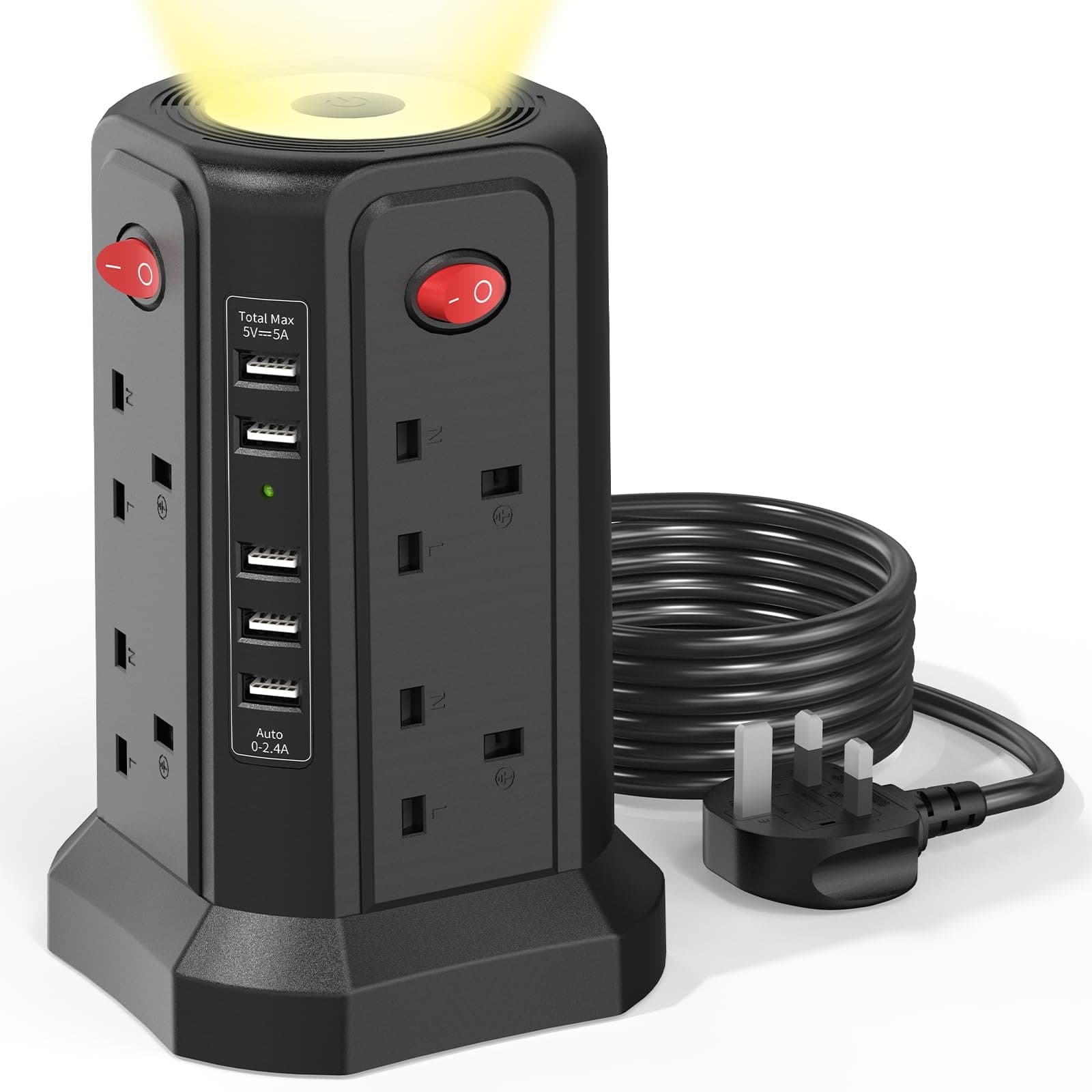 Tower Extension Lead with USB Slots and Night Light, (13A 3250W)5 USB Ports & 8 Way Socket Extension Tower, Surge Protected Extension Lead with 4 Switches, 1.8M Extension Cable for Home, Office