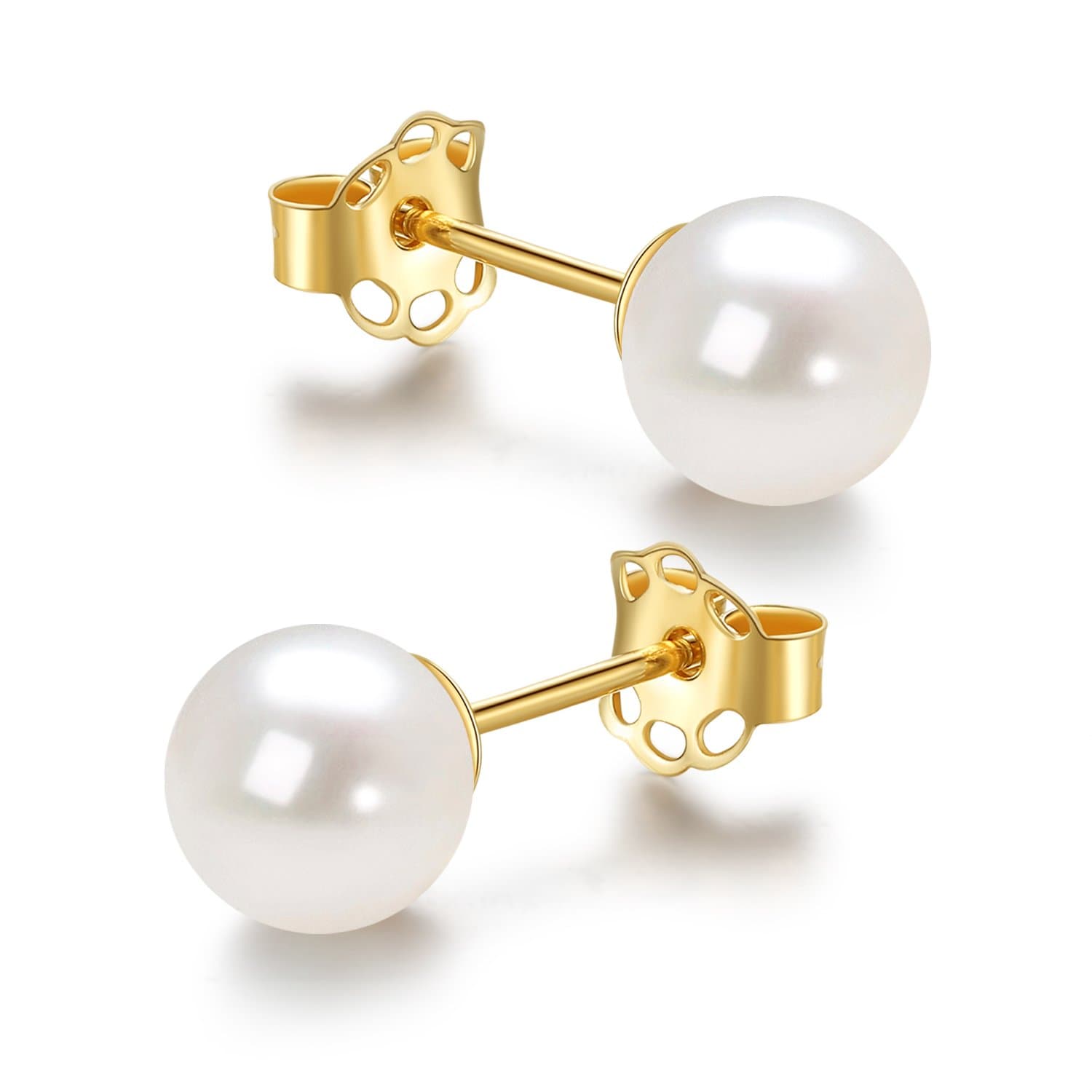 14K Gold AAA+ Handpicked Round Freshwater Cultured White Pearl Stud Earrings for Women Girls