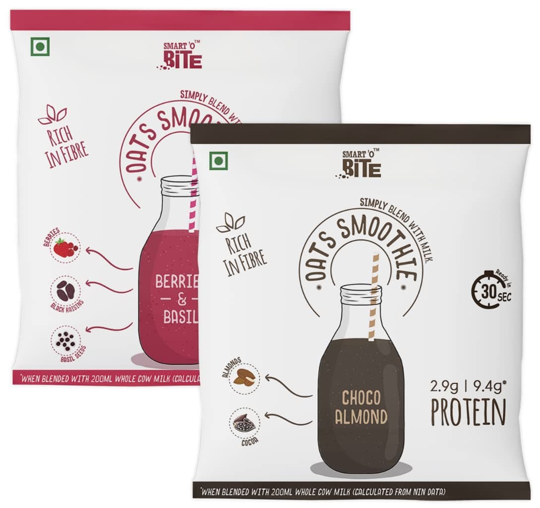Smart'O Bite Oat Smoothie | Healthy Shake Mix | 12 Sachets - 2 flavours x 6 each - Berries & Choco | No Refined Sugar | Fibre Rich | Protein Source | Ready in 30 Seconds