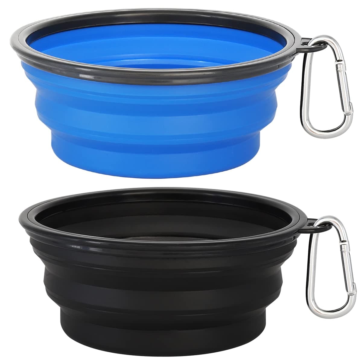 Kytely Large Collapsible Dog Bowls 2 Pack, 34oz Foldable Dog Travel Bowl, Portable Pet Water Food Bowl with Clasp, Pet Cat Feeding Cup Dish for Traveling, Walking, Hiking (Black+Blue)