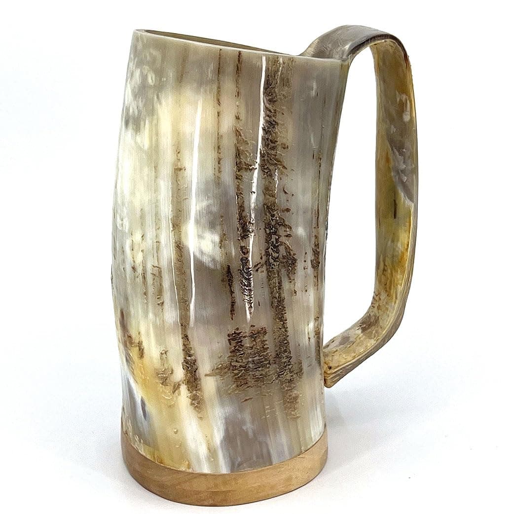 Drinking Horn Mug with Wooden Base | 500ml - 600ml Capacity | Ox Horn Tankard | Rough Finish | Genuine Ox Horn | Beer Tumbler | Drinking Vessel (Medium)
