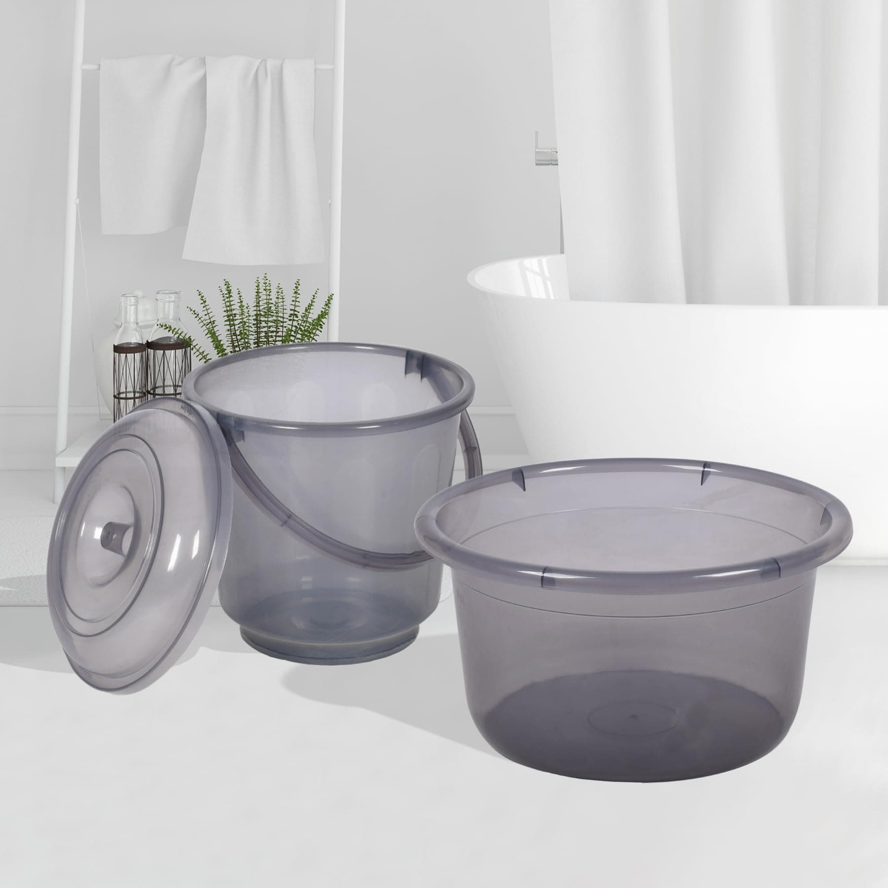 Kuber Industries Set of 2 Bathroom Combo Set | Bathroom Set | Tub-25 L & Bucket-13 L Bathing Set for Bathroom | Modern Bathroom Accessories Set | Transparent Gray