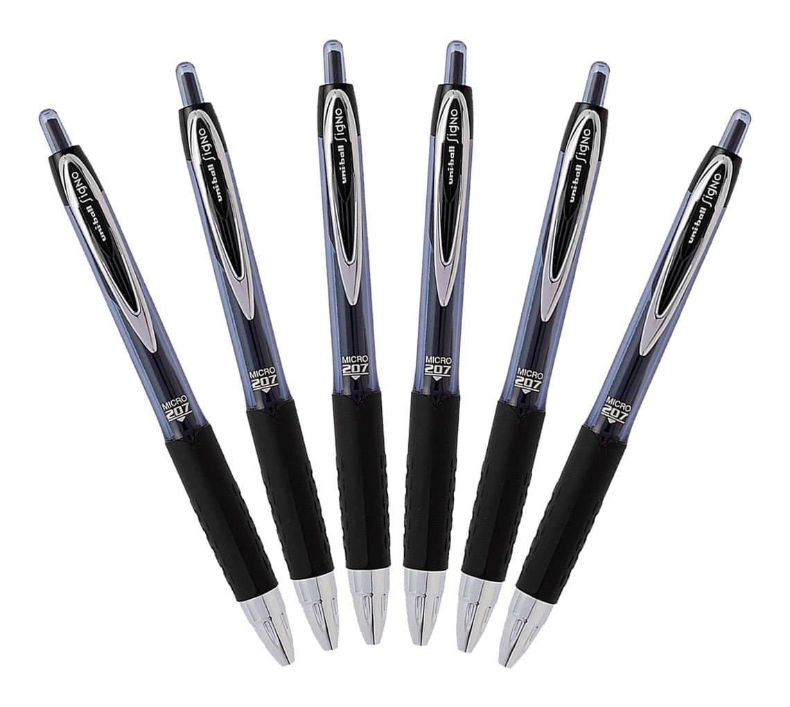 Uni-Ball Signo 207 Retractable Gel Pen, 0.5mm Micro Point, Black, Pack of 6