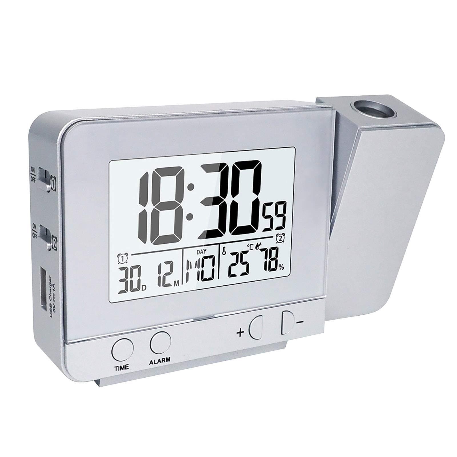 SUNSBELLProjection Alarm Clock Digital Clock with Backlight,Battery Powered LED Display Indoor Temperature Date Clock,for Home Bedroom(Silver)