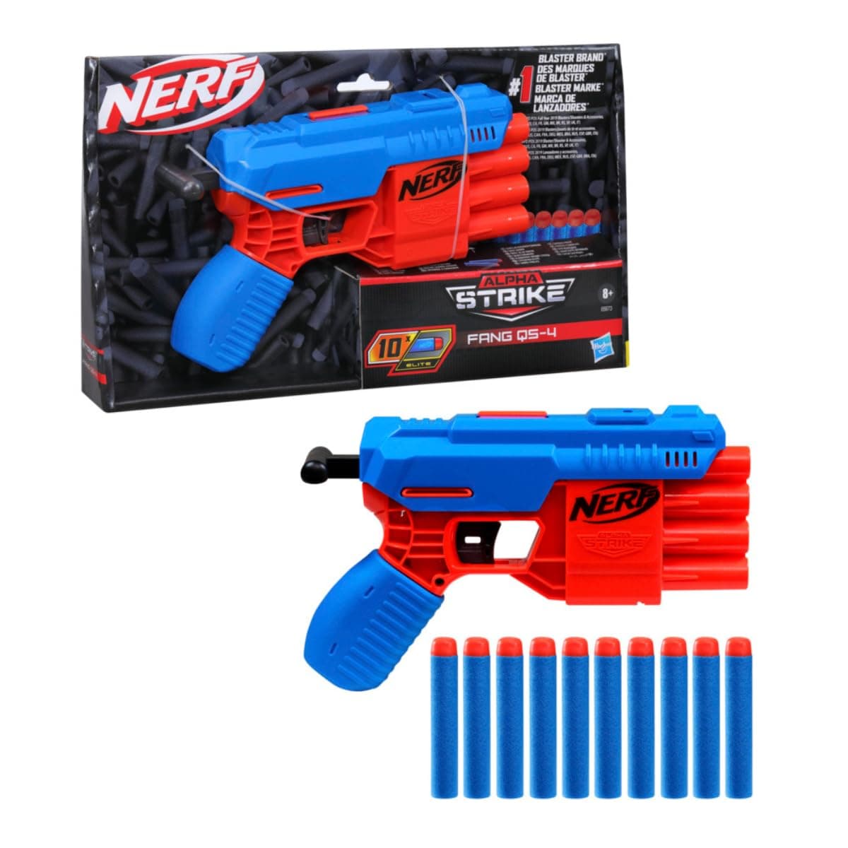 - Nerf Alpha Strike Fang Qs-4 Toy Blaster, Fire 4 Darts in A Row, 10 Nerf Darts, Gift Toys for Kids Teens&Adults, Toy for Boys, Birthday Gift Toy Ages 8+,Best Xmas Gift,Multicolor