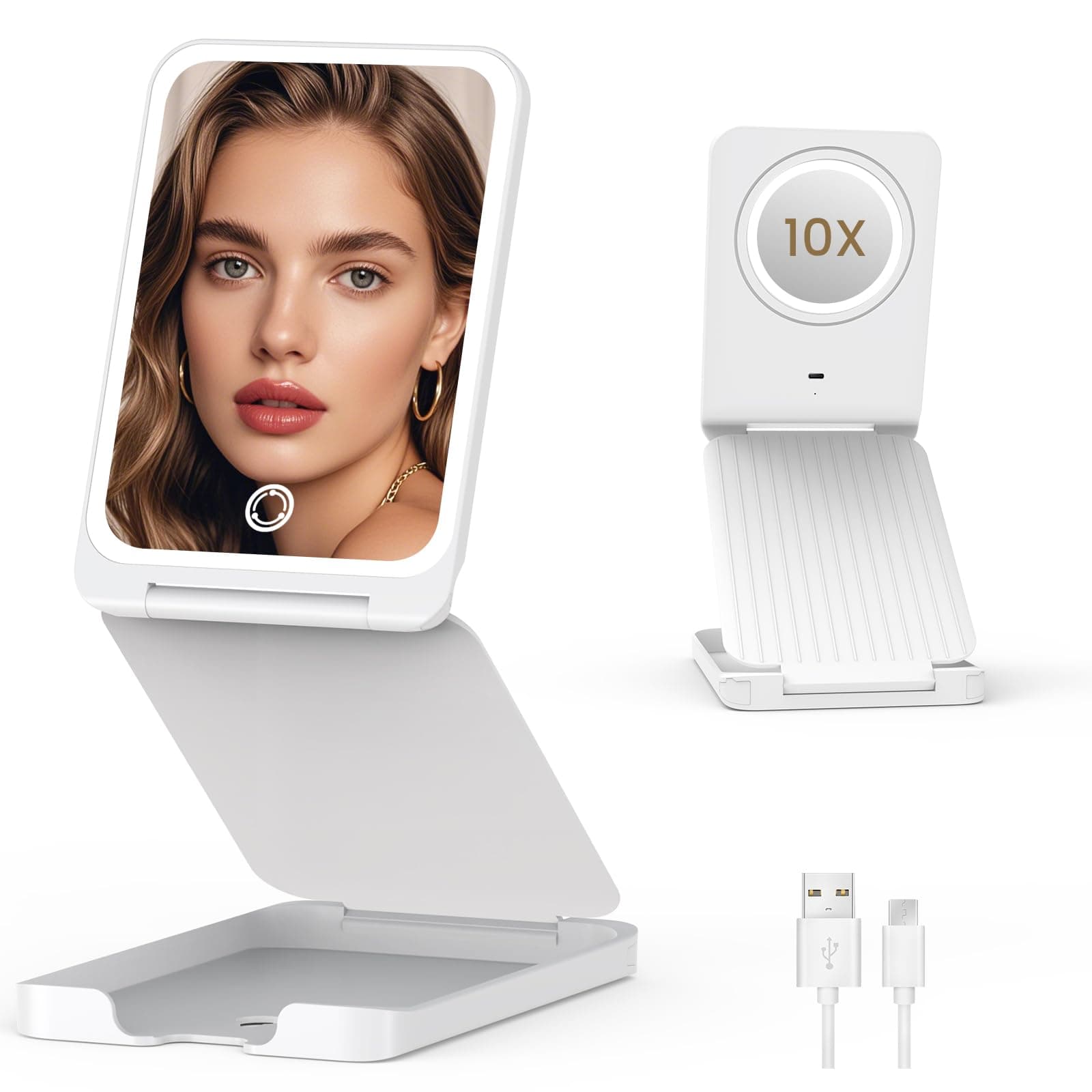 Travel Makeup Mirror with Lights, Foldable 1X Vanity Lighted Mirror with 10X Magnification, Rechargeable 1500mAh Battery, Dimmable Touch Screen, Freely Adjust Height and Angle