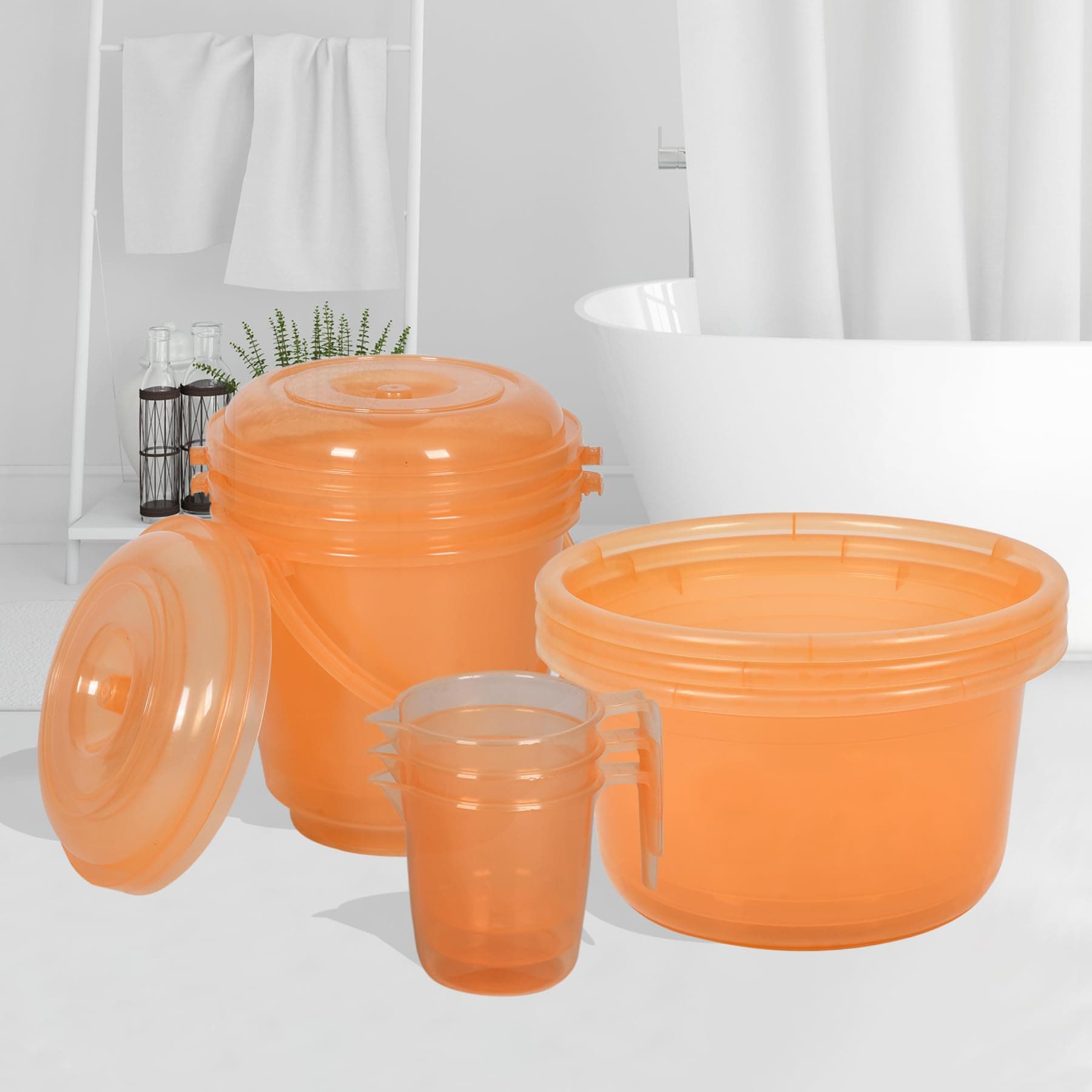 Kuber Industries Plastic Set of 9 Bathroom Combo Set - 3 Piece Tub-25 L with 3 Piece Bucket-13 L & 3 Piece Mug-1100 ml Bathing Set Transparent Orange