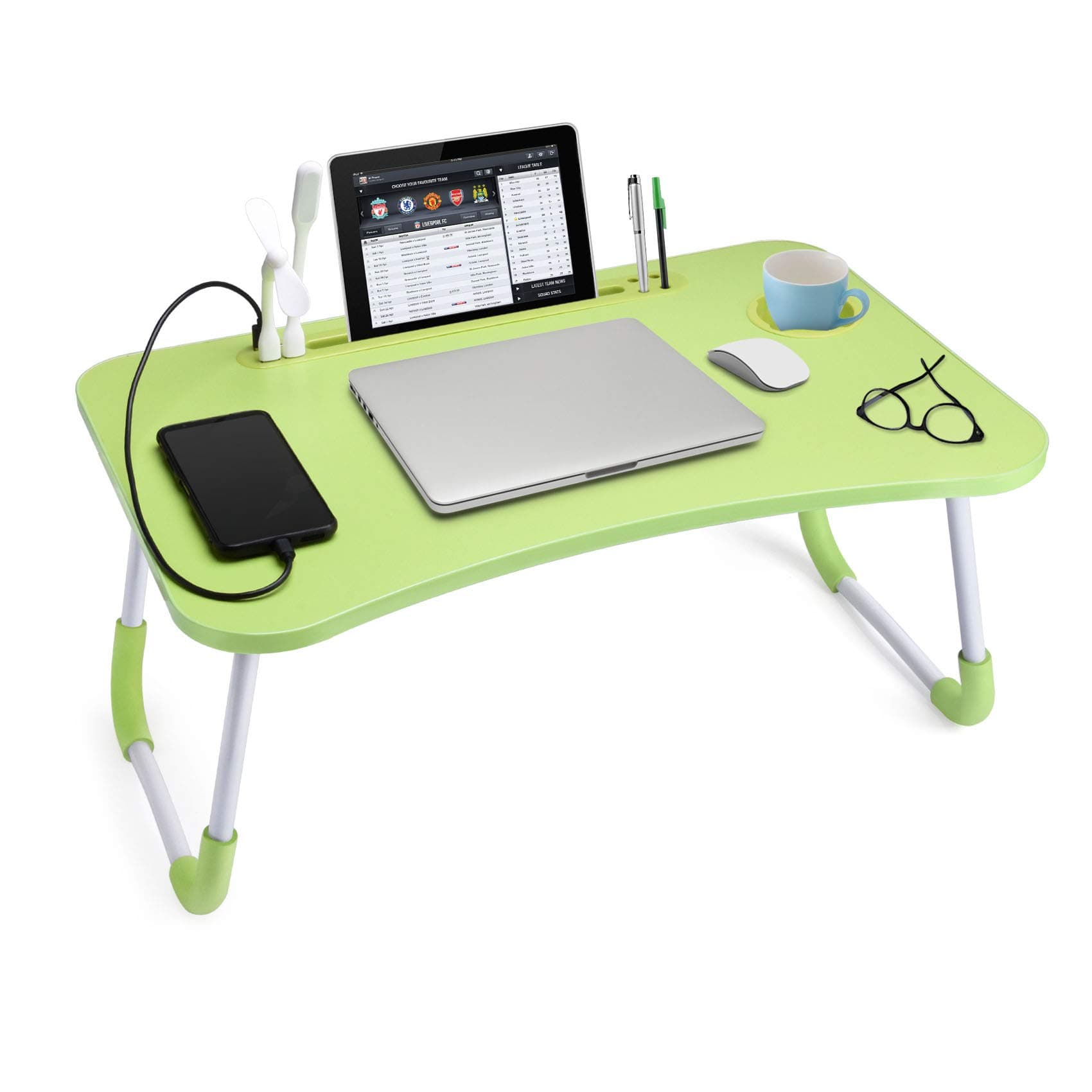 Slendor Lap Desk with Cup Holder, Foldable Laptop Table for Bed, Portable Bed Desk for Laptop and Writing, Computer Tray with Tablet Slot, Notebook Stand Reading Holder for Couch Sofa Floor,Green