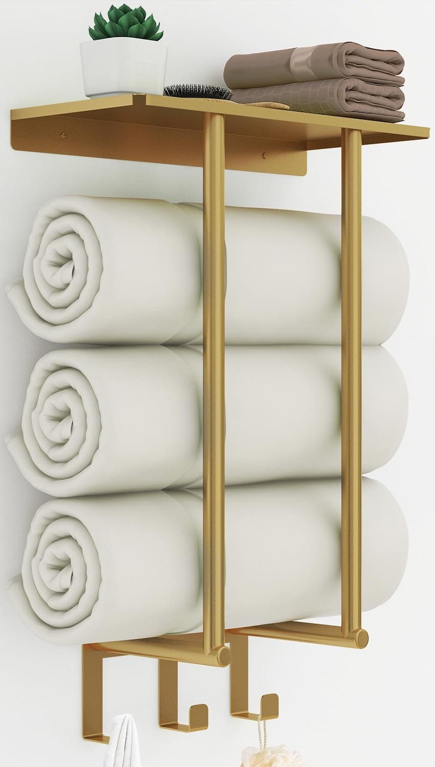 Wall Mounted Towel Rack, Towel Rack with Shelf for Bathroom Wall Mounted, Wall Metal Bath Towel Holder Storage Hand Towels for Small Bathroom, Gold