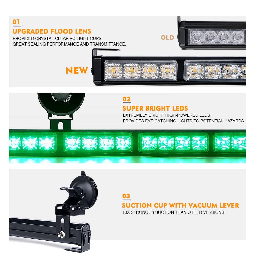 Xprite 31.5 Inch Green LED Emergency Traffic Advisor Strobe Light Bar, 21 Flashing Patterns w/Suction Cup Mount, Windshield Deck Dash Caution Hazard Safety Lightbar for Construction Vehicles Trucks