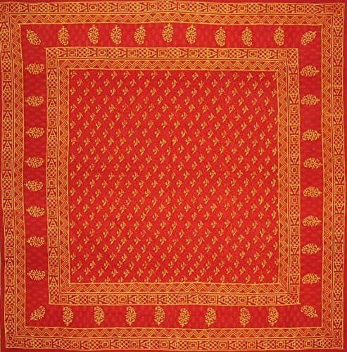 Full Moon Loom Block Print Square Cotton Tablecloth 72" x 72" Red Orange