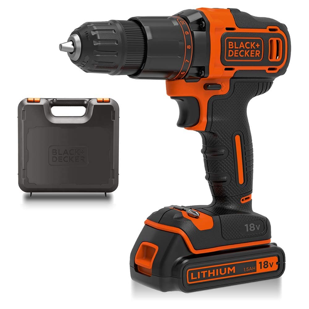 Cordless Hammer Drill,18V, 1.5Ah Li-Ion Battery, 10 Torque Settings, 21,000 BPM, Variable Speed, Keyless Chuck, Includes Kitbox, for Wood, Metal, Masonry, Orange - BCD700S1K-GB