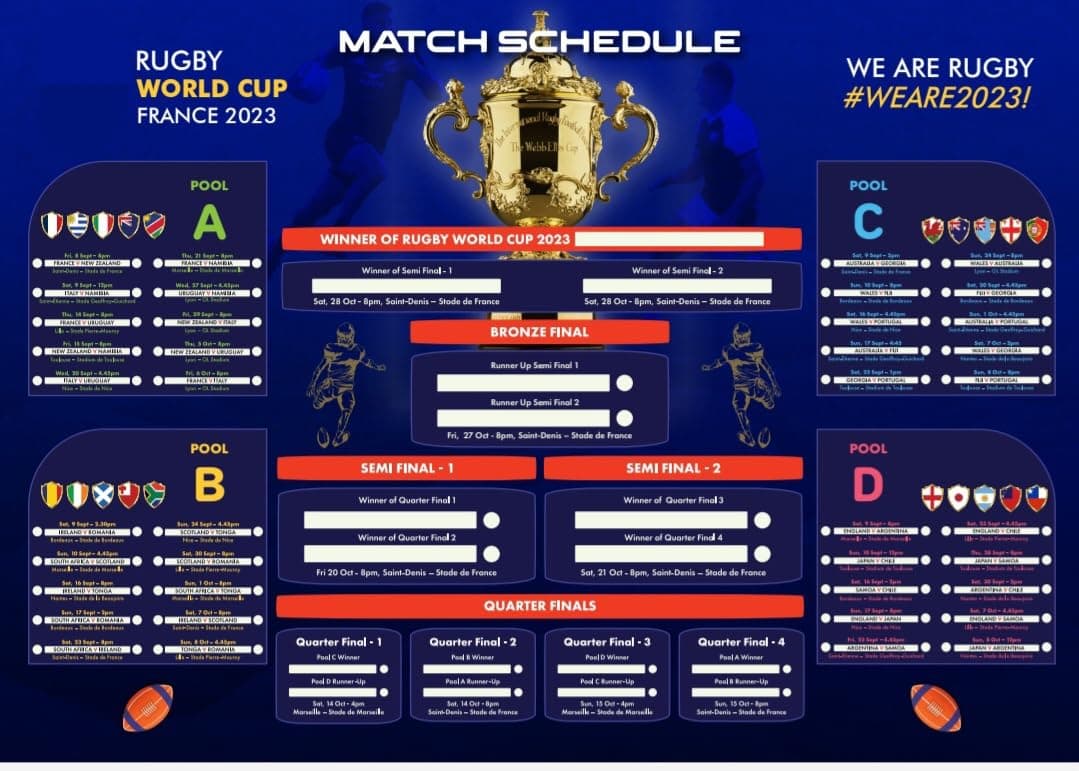 Giftinghouse Rugby world cup wall chart 2023 - A2 Size Premium Wall Chart Poster Planner - Includes 20 Teams All Matche Results Wall Calendar (A2-Folded) Uk times A2 (Folded)