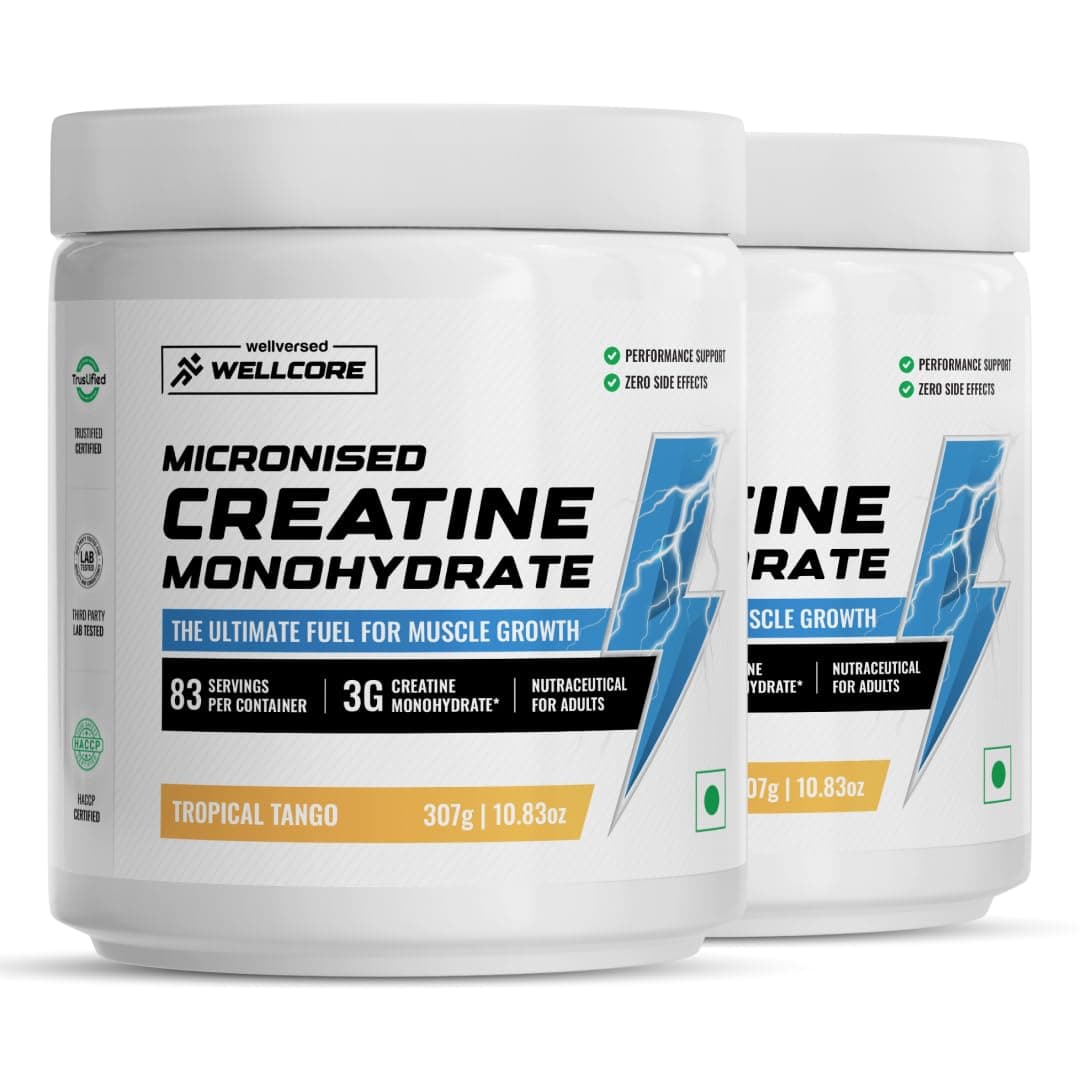 Wellcore Pure Micronised Creatine Powder (83 Servings, Tropical Tango) For Enhanced Muscle Strength With Rapid Absorption | Creatine Monohydrate | Wellcore Creatine Flavoured - 307g (Pack Of 2)