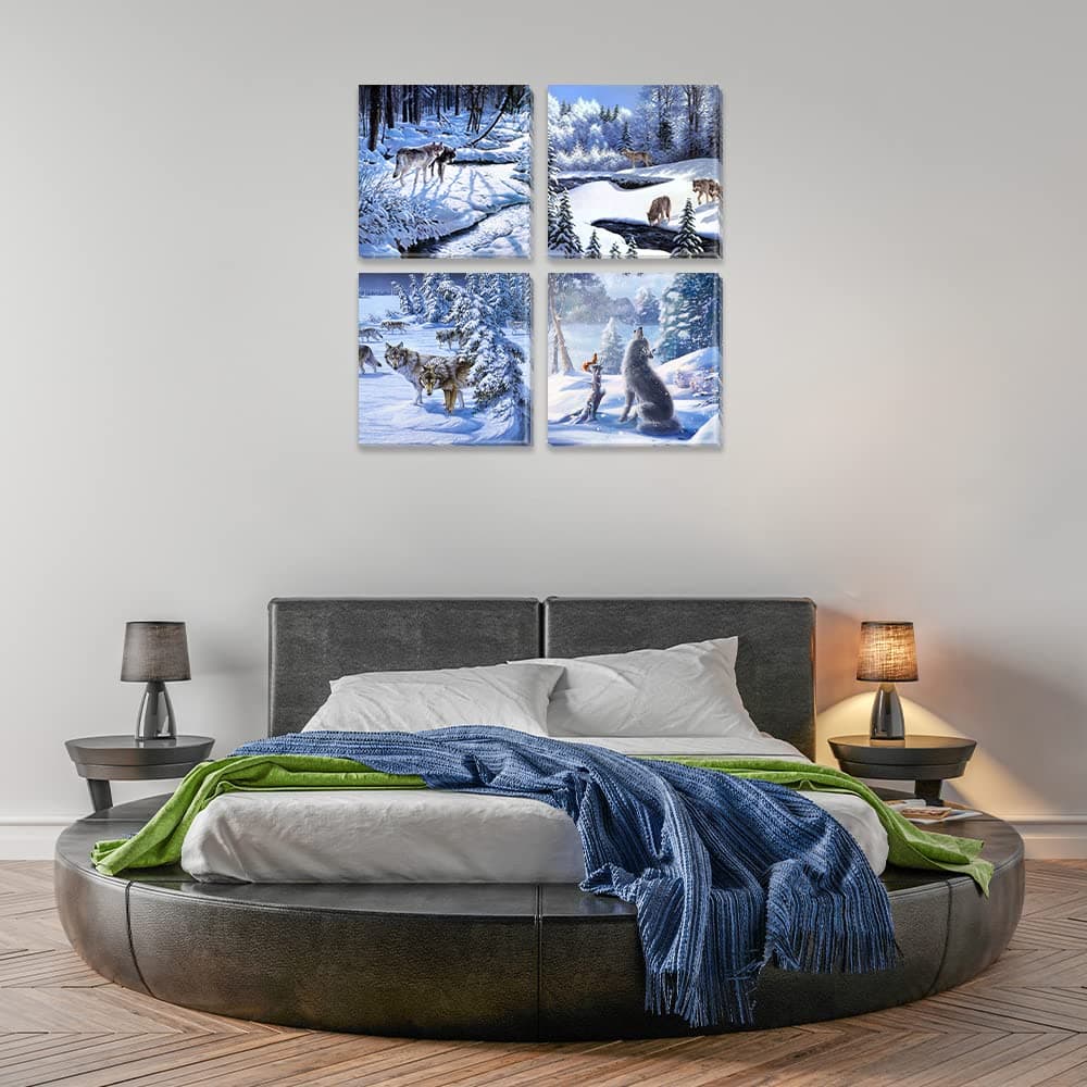 Winter Wolf Canvas Prints Wall Art Paintings 4 Pieces Blue Snowy Forest Landscape Pictures Artwork for Living Room Bedroom Bathroom Wall Décor 12"x12"