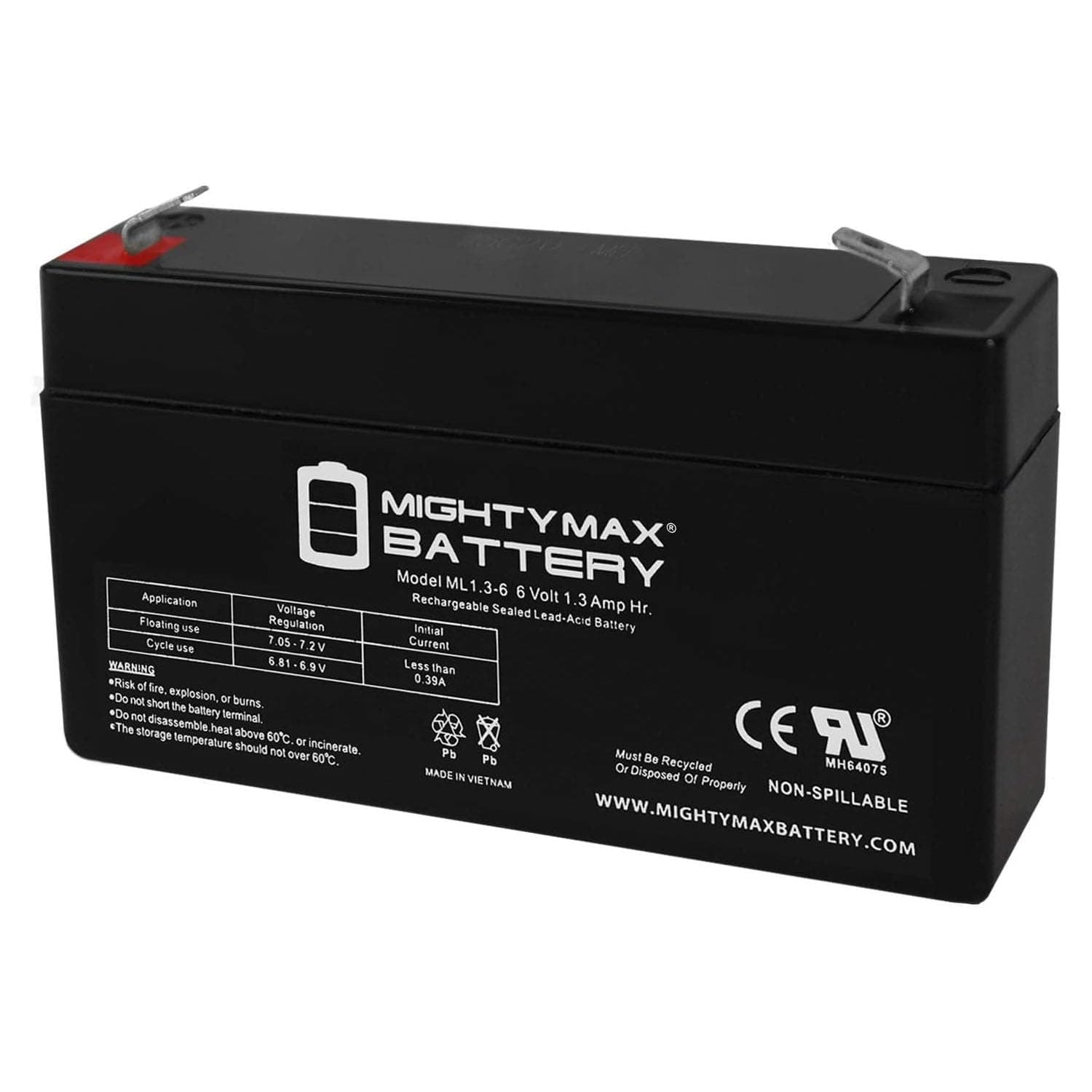 ML1.3-6 - 6 Volt 1.3 AH, F1 Terminal, Rechargeable SLA AGM Battery