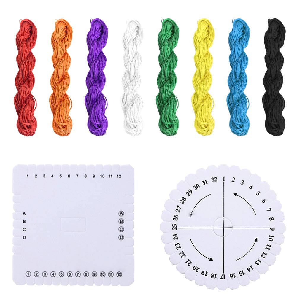 Kumihimo Disks Set,2 Pieces Round Square Kumihimo Beading Cord Disc with 8 Colors Knotting Cord Nylon Macrame Thread Cord Beading String for Bracelet Jewelry Making