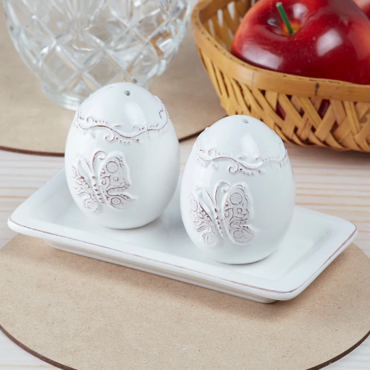 Kookee Ceramic Salt and Pepper Shakers Set with Tray – Elegant Namak Dani, Spice Sprinkler & Dispenser for Dining Table, Kitchen & Restaurant Use, White (9966)
