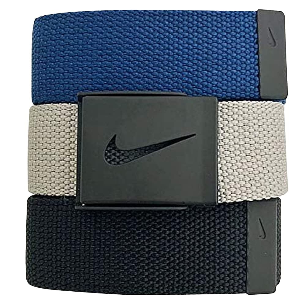 Nike Men's 3 Pack Web Belt, Matte Black Hardware, Black/Grey/Navy, One Size