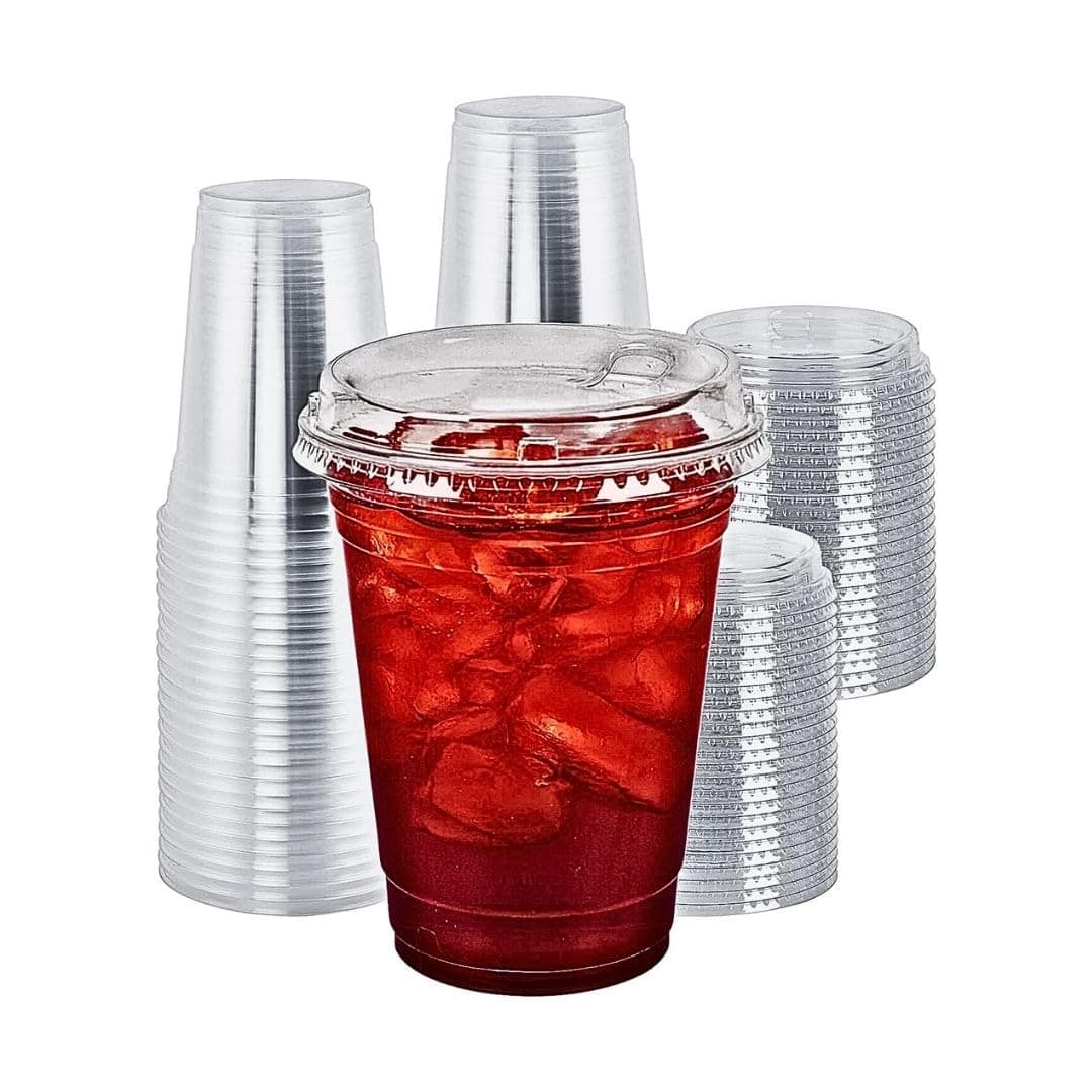 Green Direct 16 oz. Disposable Plastic Clear Cups with Strawless Sip Lids for Iced Coffee 50