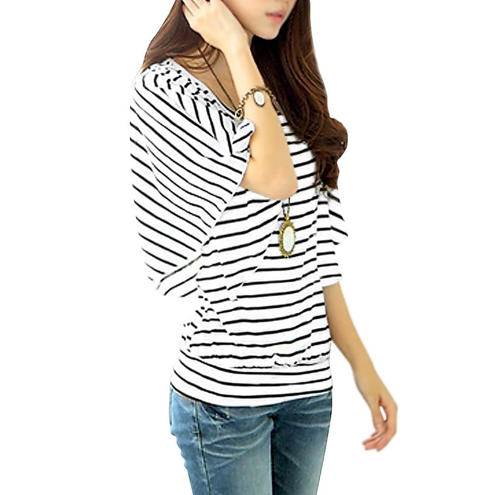 Cocobla Women's Batwing Blouse Stripe Tops (L, White)