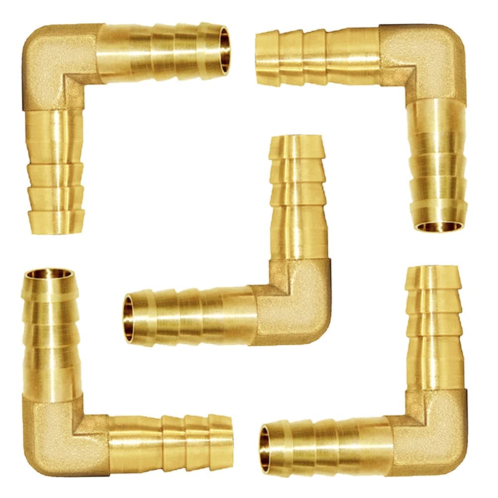 Joywayus 5Pcs 1/4" Hose ID/Hose Barb 90 Degree L Right Angle Elbow Union Brass Fitting Water/Fuel/Air