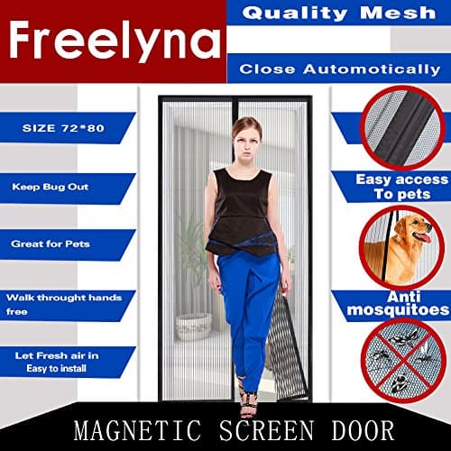 Freelyna Magnetic Screen Wide Range Sizes Screen Door, Full Frame Loop Sewn Polyester Mesh, Heavy Duty Mesh Curtain Automatic Close Mosquitoes or Pesky Bugs Out(Fits doors up to 72"x80")