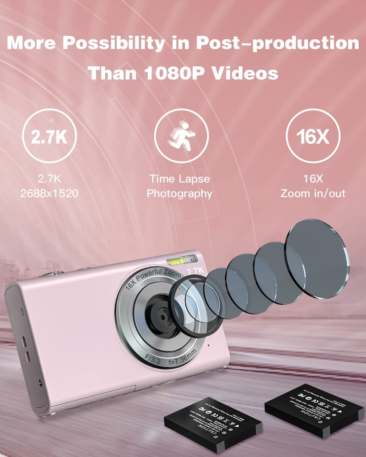 Sevenat Digital Camera 48MP 2.7K Compact Pink with 16X Zoom, Image Stabilization, Autofocus, 3" Screen, FHD 1080p Video, for Teens/Students