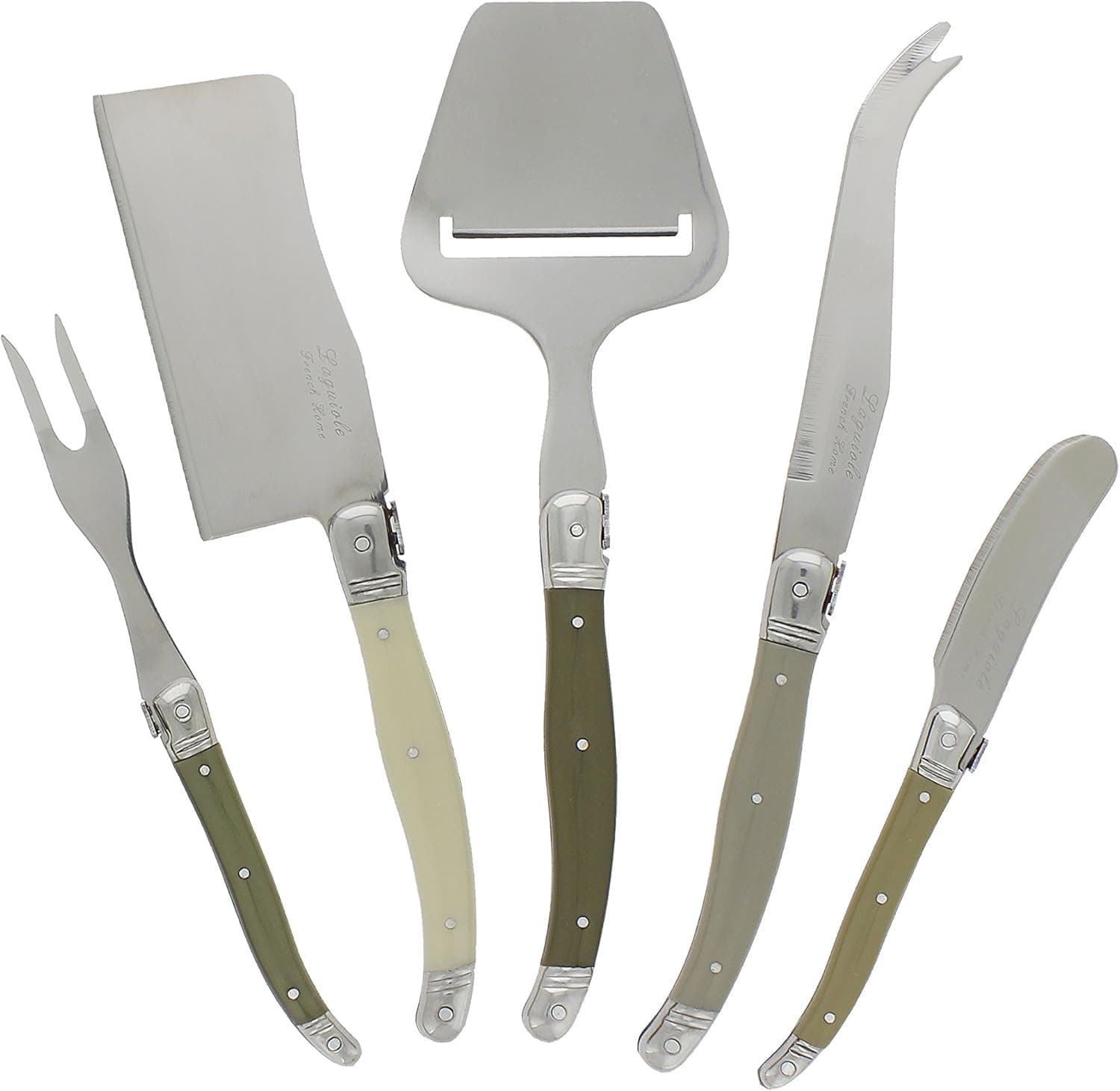 5-Piece Laguiole Cheese Knives Set with Fork and Slicer – Versatile Charcuterie Board Accessories with Three-Rivet Mist-Colored Handles & Iconic Bee Emblem