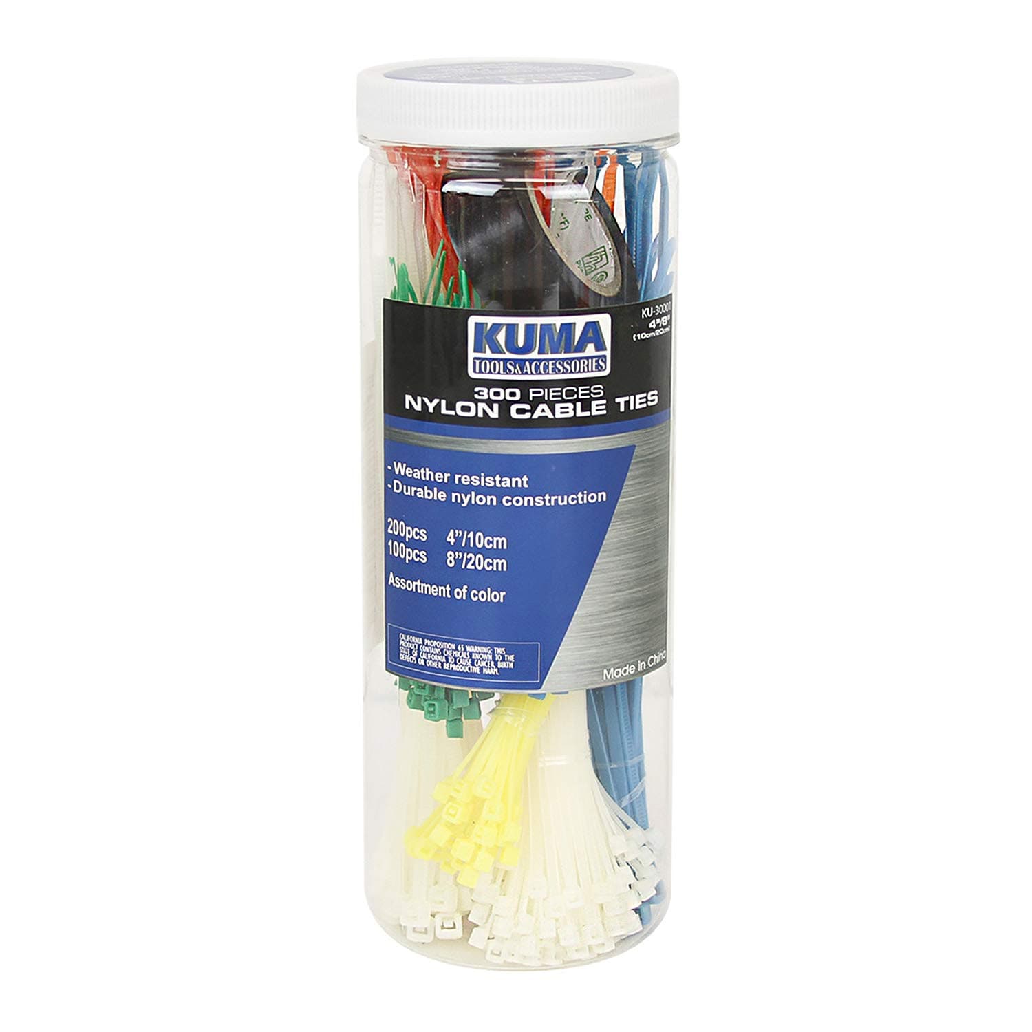 KUMA KU-30001 300 Pcs Self Locking Nylon Cable Ties Assorted, 4" 8" Zip Ties + Electrical Tape, For Wrap Loop Network Cables, Cords and Wires