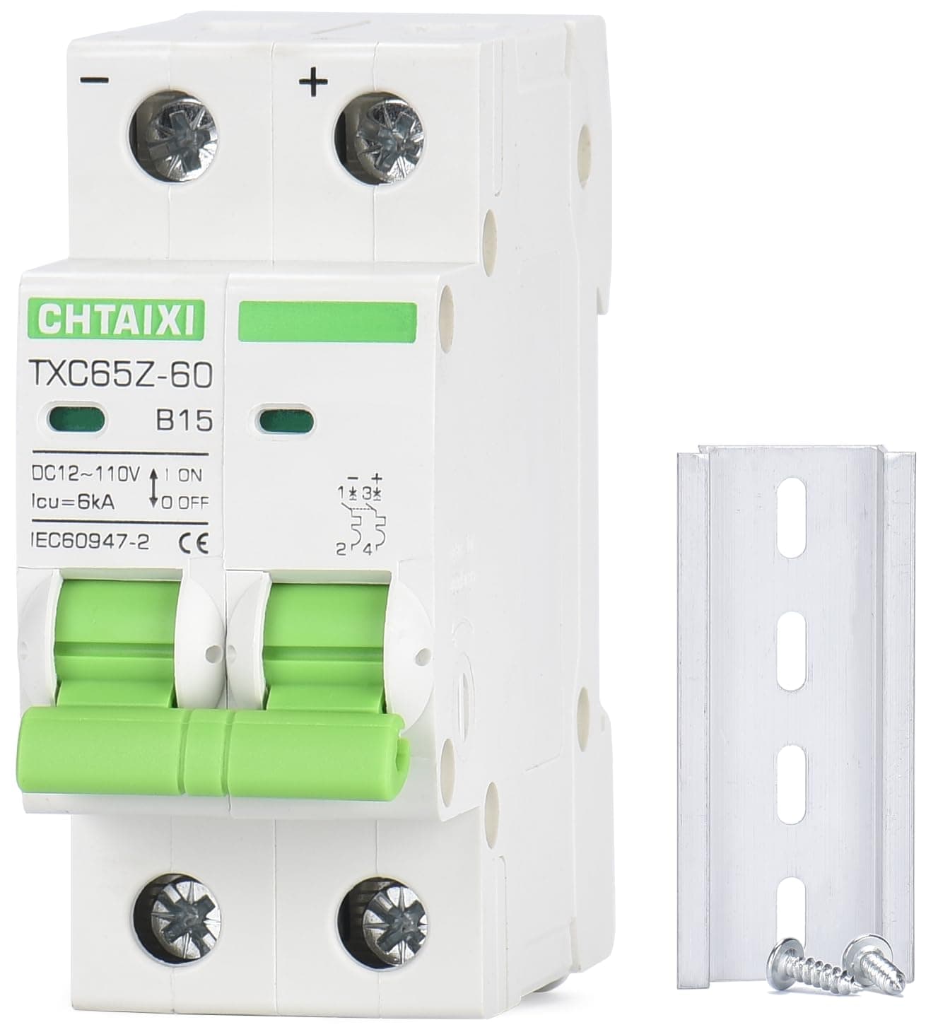 12V-110V DC Miniature Circuit Breaker, 15 Amp 2 Pole Battery Breaker Protector for Solar PV System and RV, Thermal Magnetic Trip, DIN Rail Mount, Chtaixi DC Disconnect Switch B15