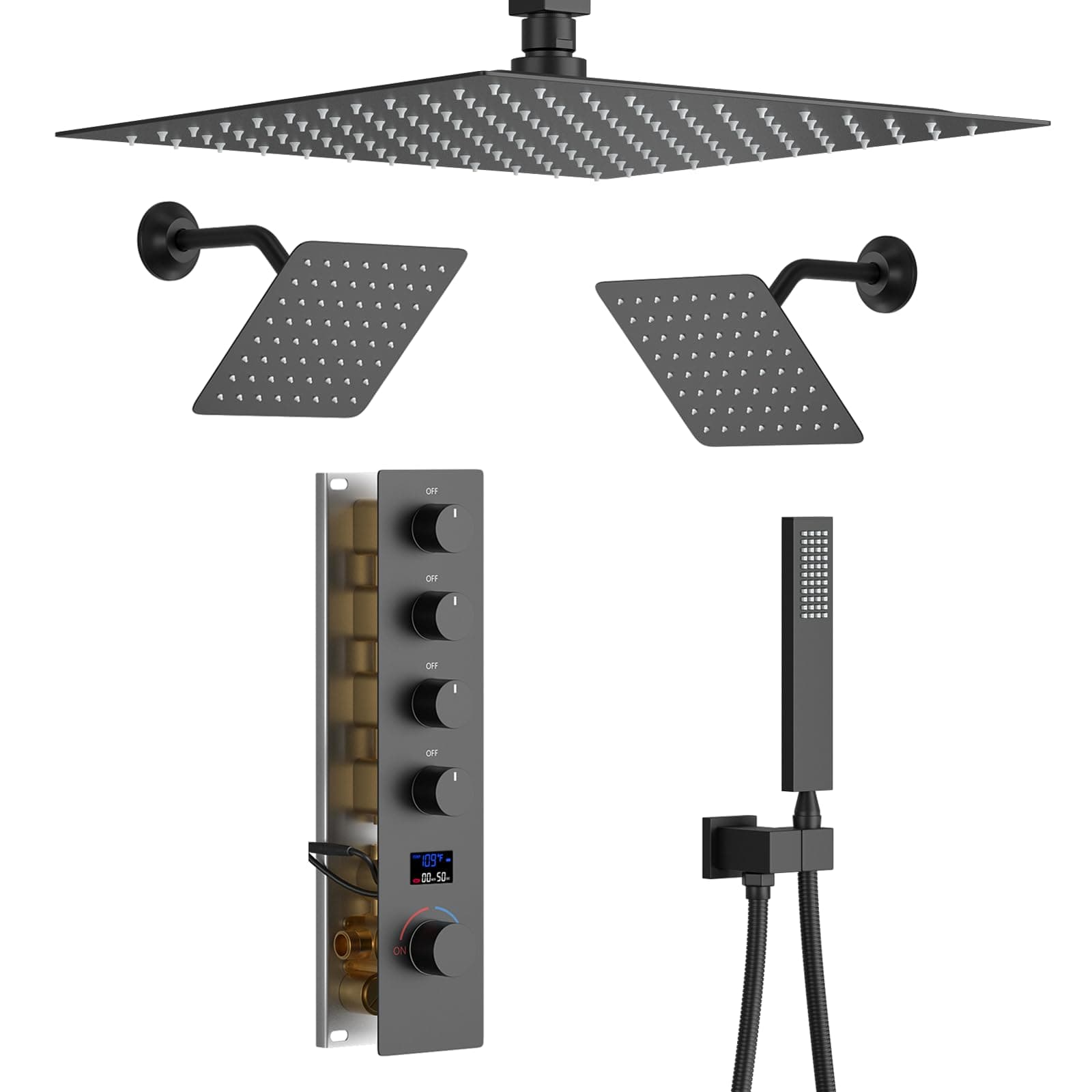 Matte Black Shower System with 3 Rain Shower Head(12+8+8 inch), Handheld Spray, 4 Way Smart Temperature Display Shower Faucet set