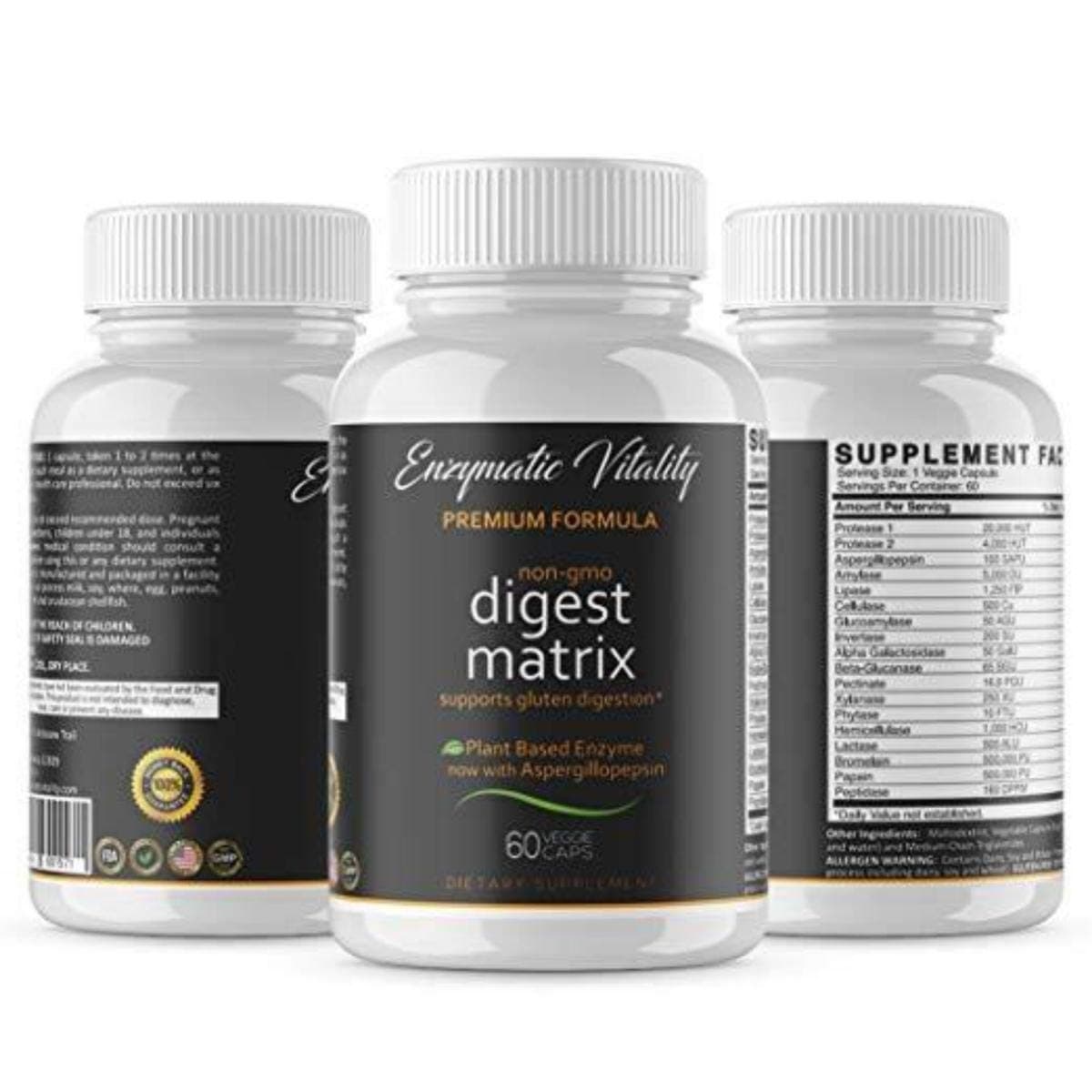 Enzymatic Vitality Digestive Enzymes Digest Matrix Enzyme Complex Plant Based Gut Health to Reduce IBS Leaky Gut Bloating Acid Reflux Indigestion & Heartburn 60 Veggie Capsules