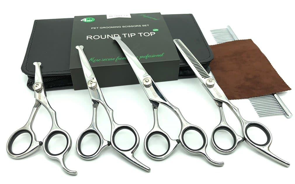 Bemibear Dog Grooming Scissors with Round Tip Top,5 Pieces Stainless Steel Pet Trimmer Kit,Professional Pet Grooming Shears