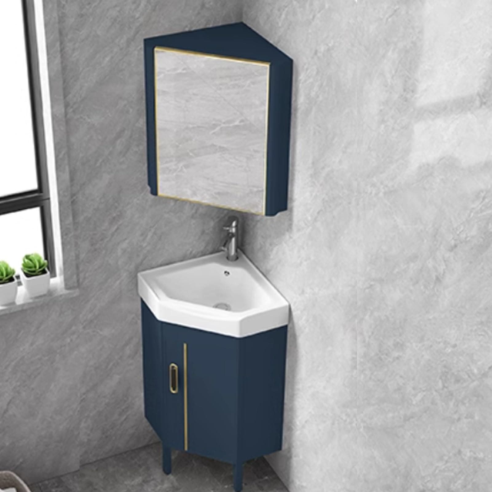 Bathroom Corner Sink Combination: Standing Ceramic Sink with Tap and Drain, Compact Bathroom Cabinet for Small Bathrooms, Compact Solution for Corner Washbasin.
