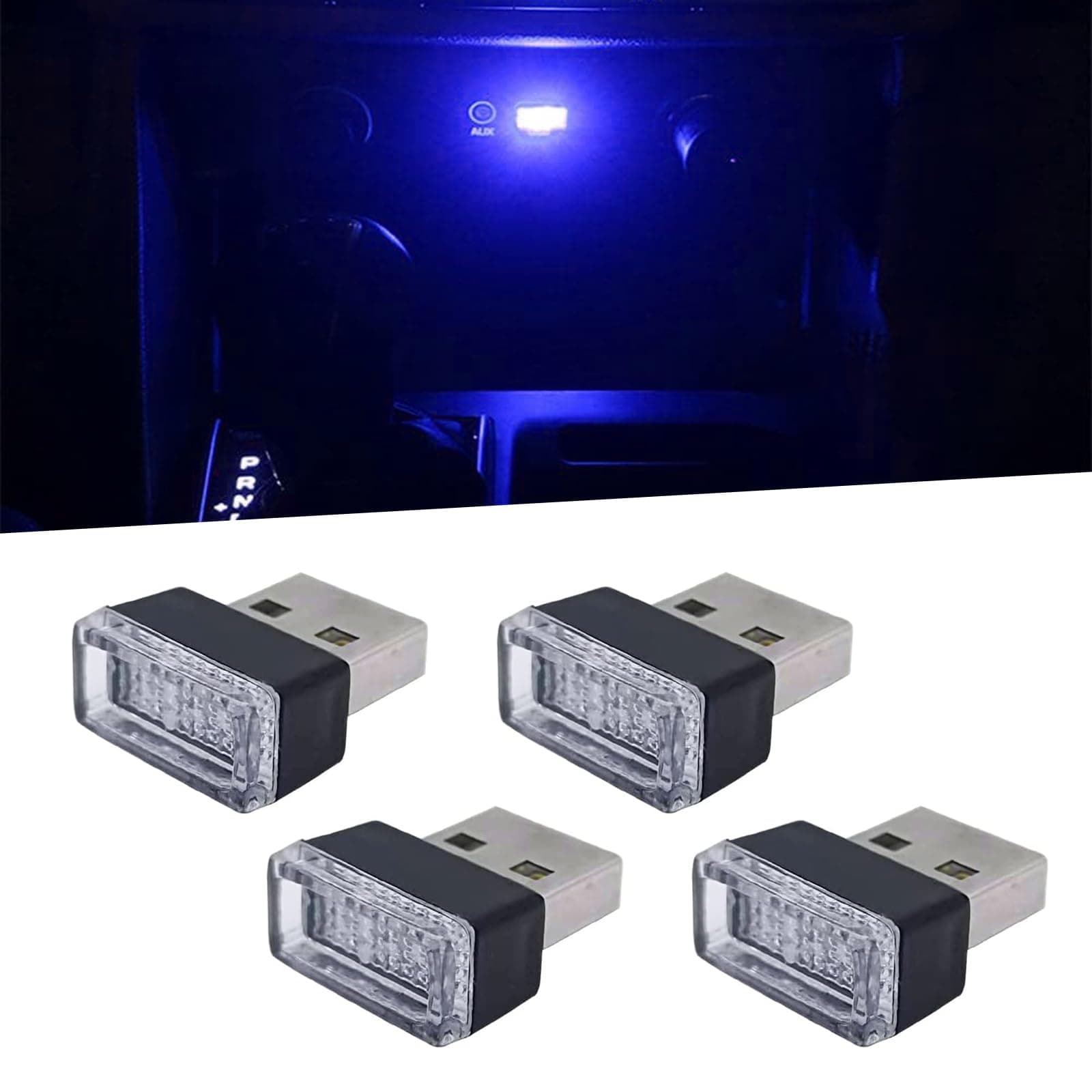 ZKFAR Pack-4 Night LED Decoration Mini USB Light, USB-LED Car Interior Atmosphere Lamp, Ambient Lighting Kit, Charging for Interior LED Lights (Blue)