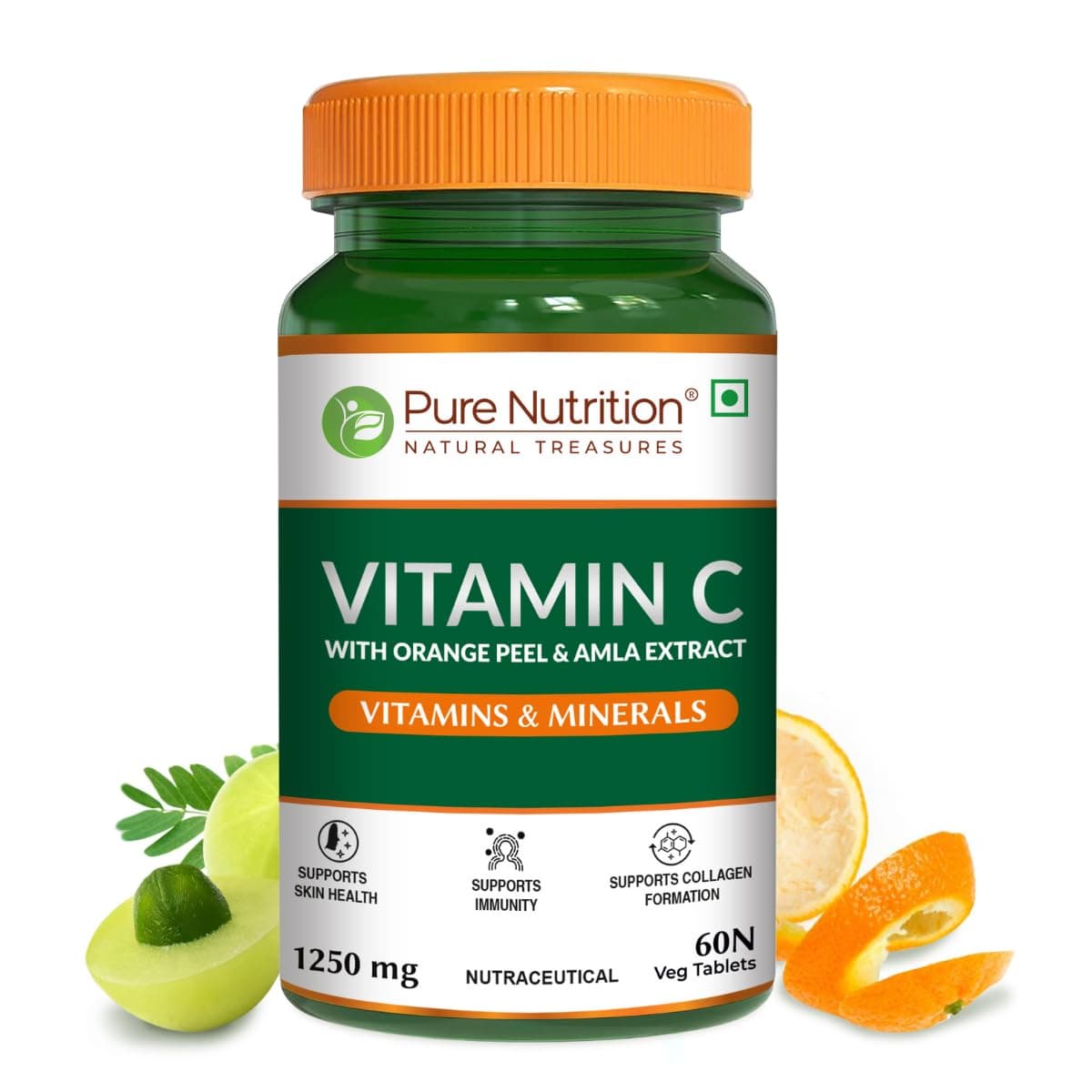 Pure Nutrition Plant-Based Vitamin C 60 Veg Tablets with Amla & Orange Peel Extract | Boosts Immunity & Skin Glow | Natural Antioxidant for Men & Women | Supports Collagen Formation & Fights Free Radicals for Healthy Skin