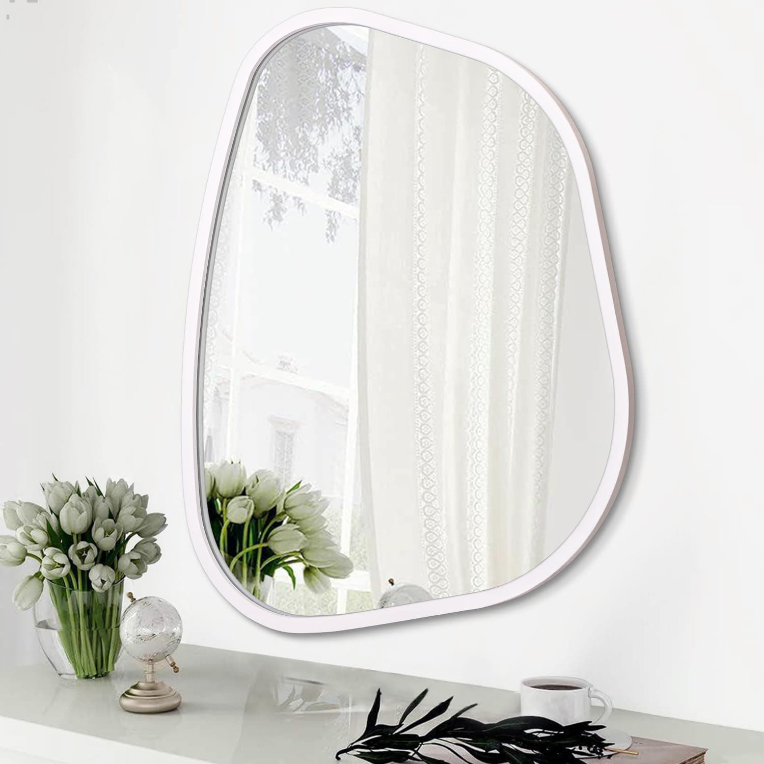 White Irregular Bathroom Mirror Modern Oval Wall Mirror Asymmetrical Wooden Framed Wall Mirror Unique Shape Wall Mounted Vanity Artistic Mirror Decor for Living Room Bedroom Entryway Small 14"x10"