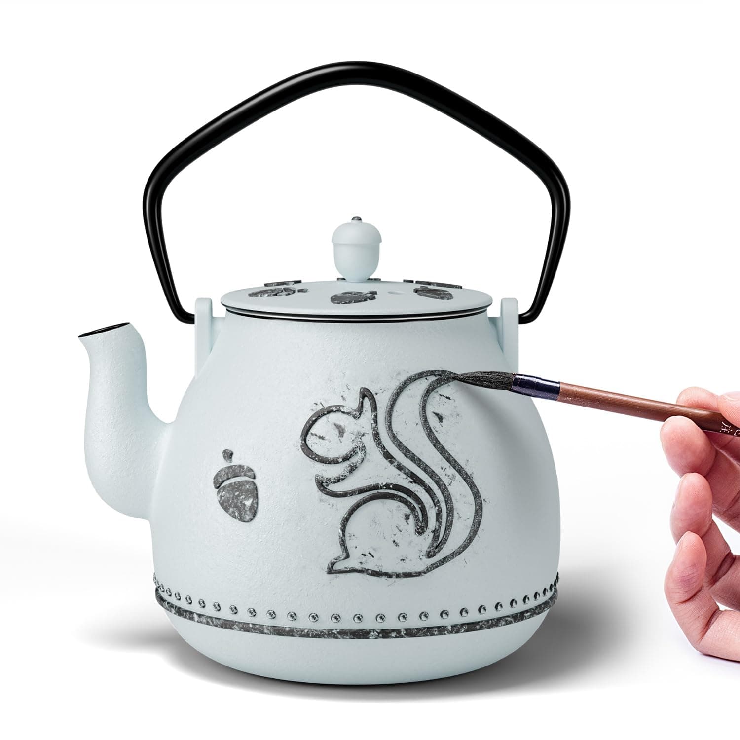 Teapot with Removable Infuser, Cast Iron Tea Kettle Stovetop Safe, Squirrel Design Tea Pot Coated with Enameled Interior for 32 Ounce (950 ml), Light Blue