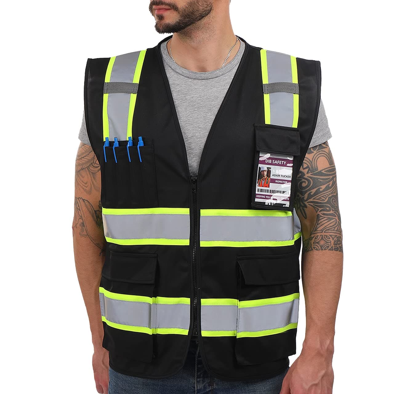 Dib SafetyVest Reflective ANSI Class 2, High Visibility Vest with Pockets and Zipper, Construction Work Vest Hi Vis