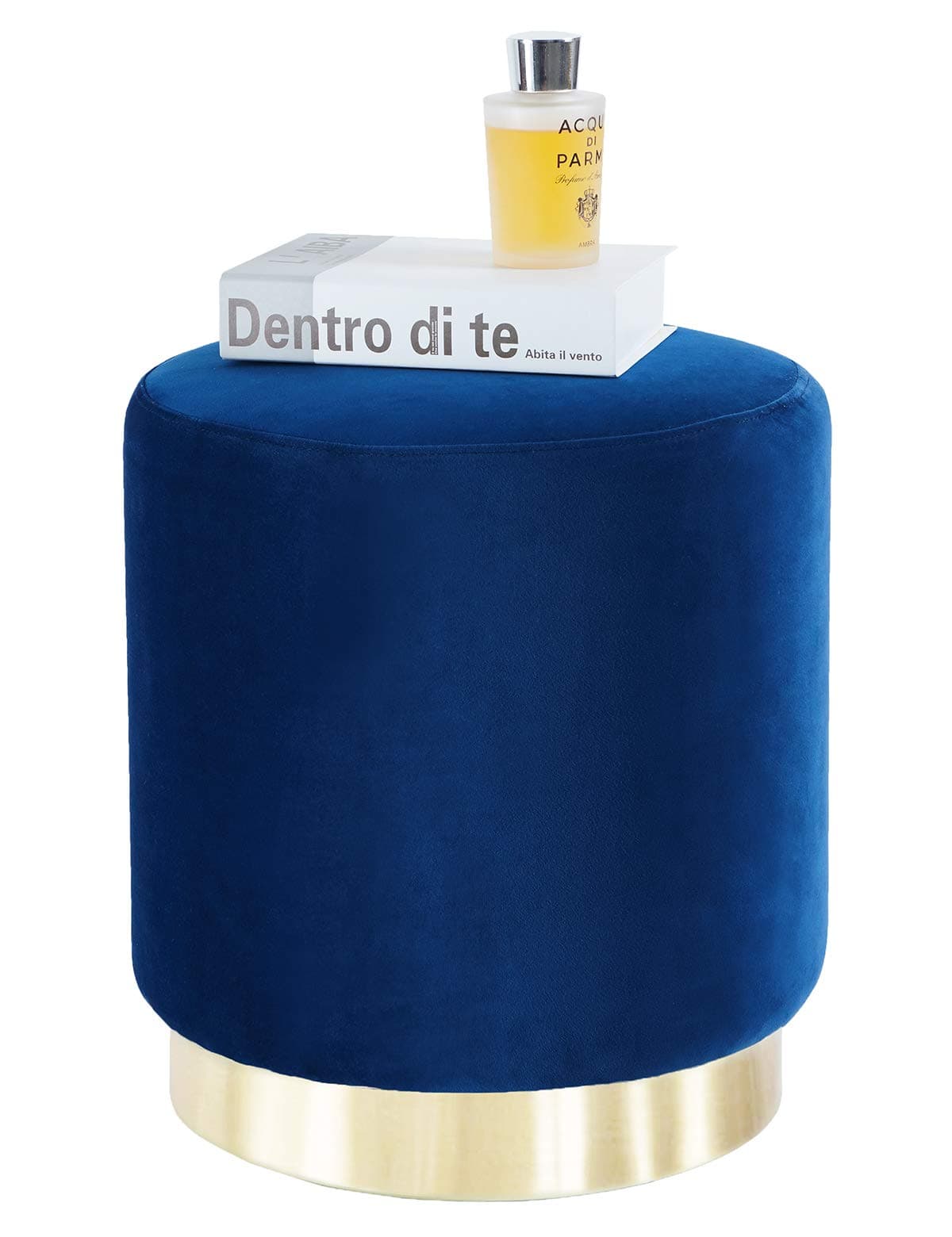 Suhu Poffee Foot Stool Rest Dressing Table Stool Round Ottoman Salon Taburete Stools Chair for Living Room Bedroom Vintage Valvet Seat Stool with Metal Gold Blue