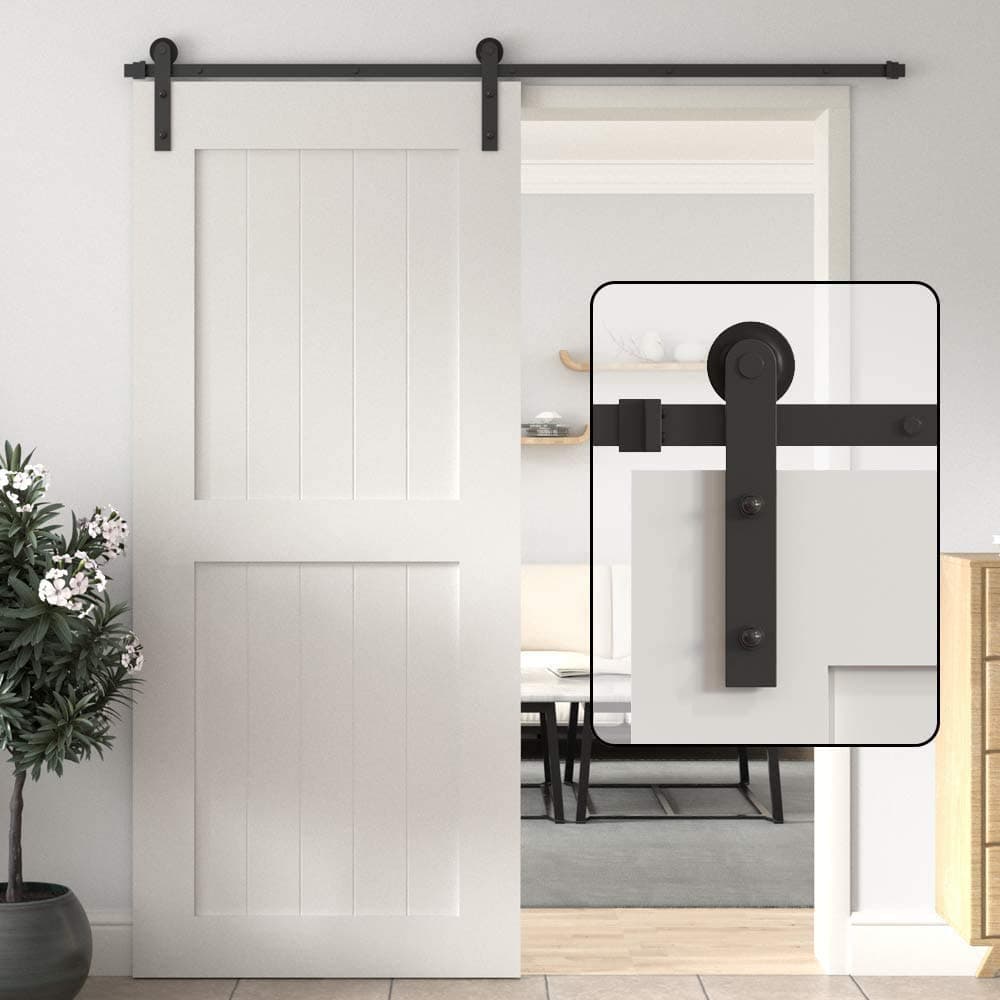 WINSOON 5FT Barn Door Hardware Kit: Single Sliding Door Hardware - Heavy Duty Black Barn Door Track Kit - Carbon Steel Sliding Barn Door Rail - J-Shape Easy to Install for 35" Closet Panel(No Door)